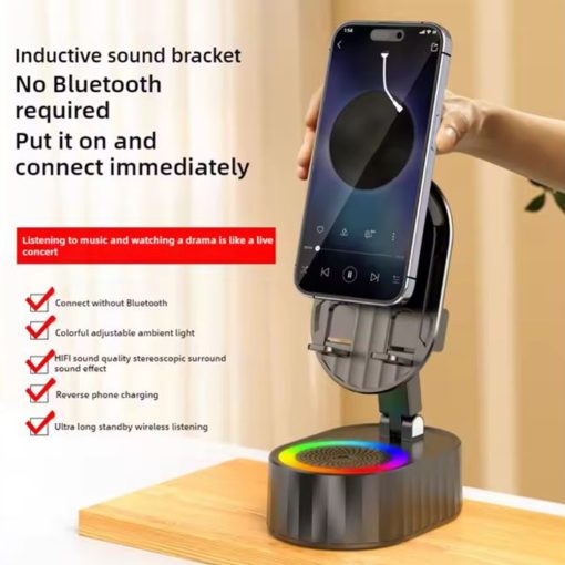 Wireless Induction Audio Bluetooth Speaker, 5 in 1 Audio Power Bank Bracket with Anti-Slip Base, Rotating Foldable Lifting Phone Holder with Colorful Ambient Light for Pad, Phone (Black) - Image 3