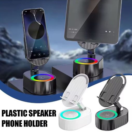 Wireless Induction Audio Bluetooth Speaker, 5 in 1 Audio Power Bank Bracket with Anti-Slip Base, Rotating Foldable Lifting Phone Holder with Colorful Ambient Light for Pad, Phone (Black)