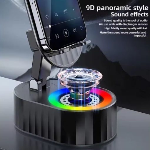 Wireless Induction Audio Bluetooth Speaker, 5 in 1 Audio Power Bank Bracket with Anti-Slip Base, Rotating Foldable Lifting Phone Holder with Colorful Ambient Light for Pad, Phone (Black) - Image 5